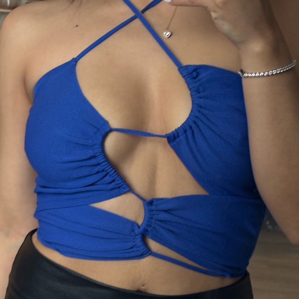 Blue Halter Cutout Top